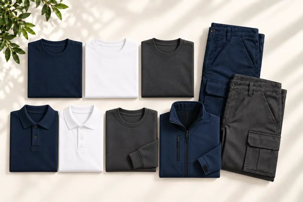 Pack Completo Misto — 3 t-shirts + 2 polos + 2 calças + 1 sweatshirt + 1 casaco por trabalhador