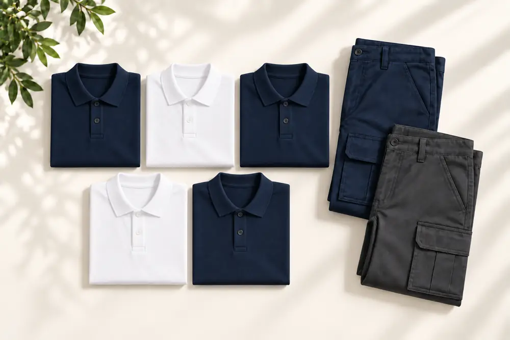 Pack Verão Polos — 5 polos + 2 calças leves por trabalhador